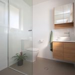 White bathroom with wooden accents